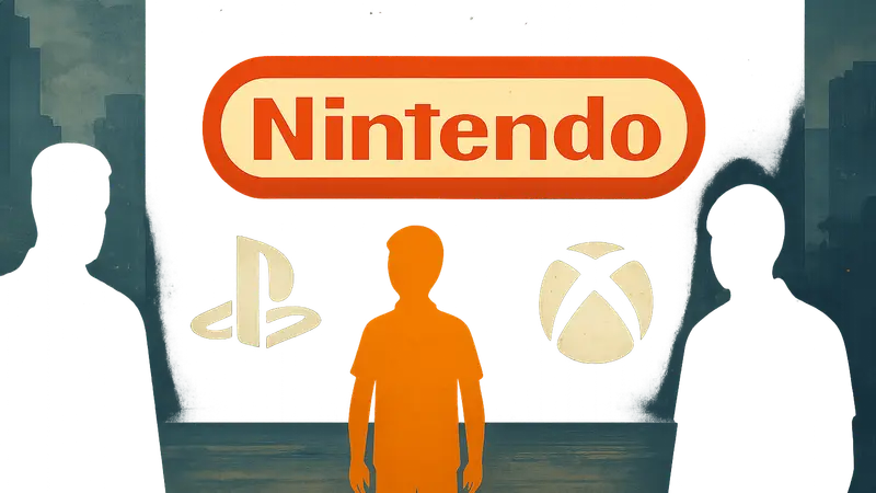Логотипы Nintendo, PlayStation и Xbox, расположенные рядом, с акцентом на Nintendo как "добром парне" индустрии.