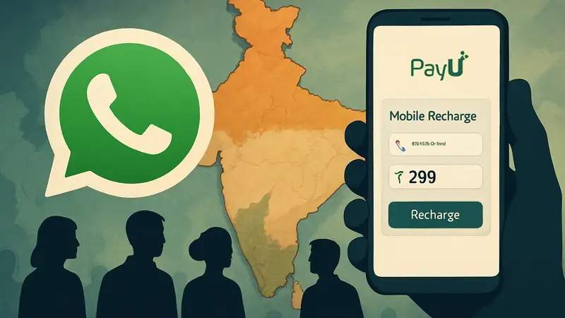 Логотип WhatsApp и мобильный телефон с интерфейсом PayU на фоне карты Индии