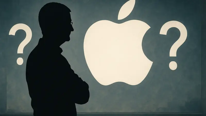 Тим Кук, генеральный директор Apple, на фоне логотипа компании, символизирующего вопросы о монетизации ИИ.