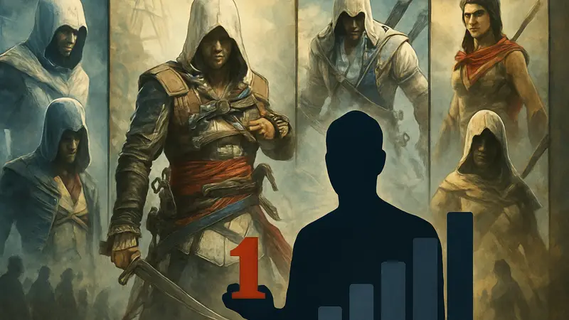 Коллаж из обложек игр серии Assassin's Creed, с акцентом на Black Flag, символизирующий рейтинг всех частей.