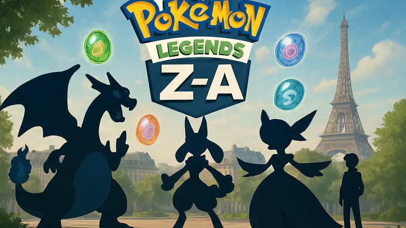 Логотип Pokémon Legends: Z-A с изображением покемонов и Mega Stones.