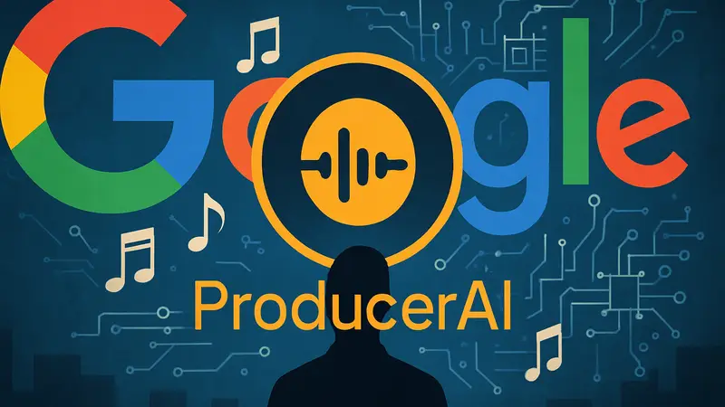 Логотип ProducerAI на фоне логотипа Google, с нотами и элементами ИИ, символизирующими сделку в музыкальной индустрии.