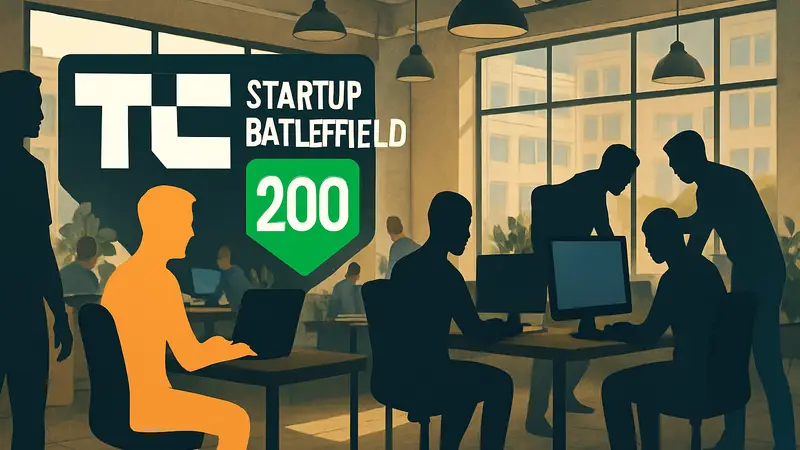 Логотип Startup Battlefield 200 на фоне офиса стартапа с командами разработчиков.