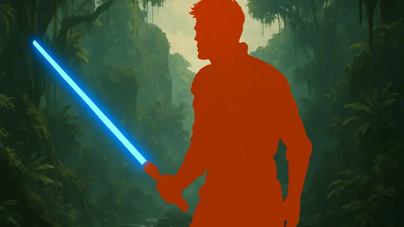 Кал Кестис с синим световым мечом в игре Star Wars Jedi 3 на фоне джунглей.