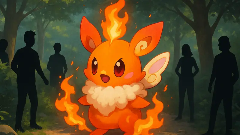 Фанатский арт покемона Pombon из Pokemon Winds and Waves, в огненно-волшебных цветах