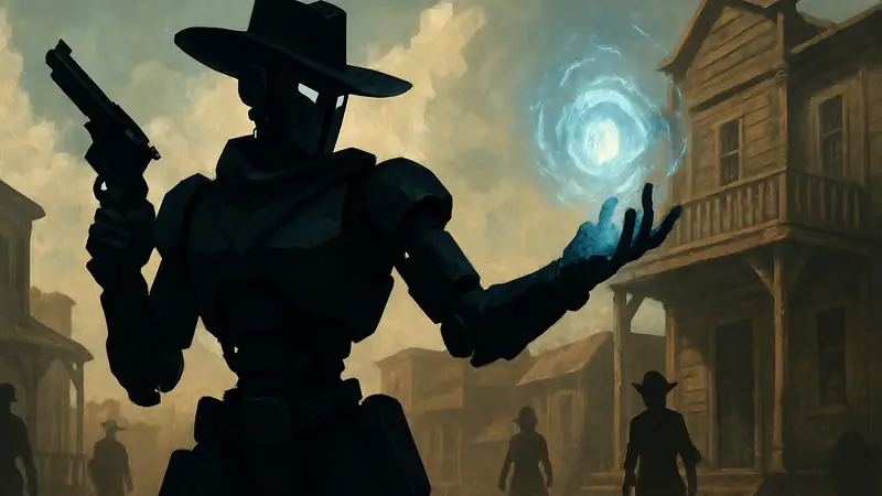 Робот-ковбой-маг из популярного шутера Steam Next Fest, концепт арт