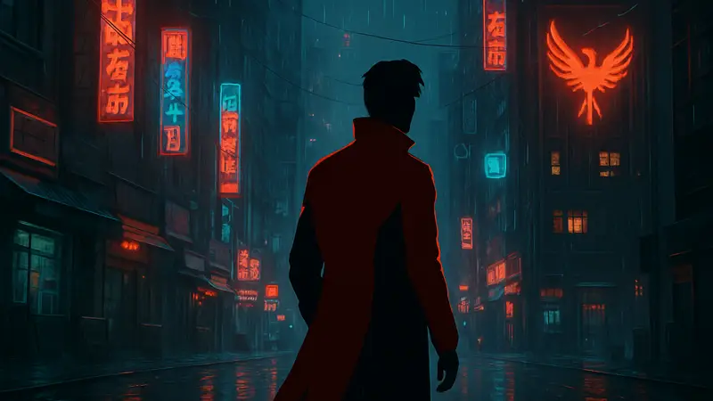 Главный герой игры REPLACED в киберпанк-пейзаже с неоновыми вывесками и дождём.