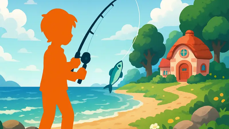 Игровой персонаж ловит сардину на удочку в Heartopia у океана