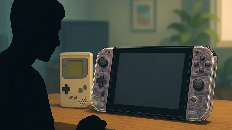 Кастомные прозрачные Joy-Con для Nintendo Switch 2, рядом с Game Boy.