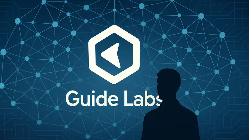Логотип Guide Labs на фоне схематического изображения нейронной сети или архитектуры LLM.