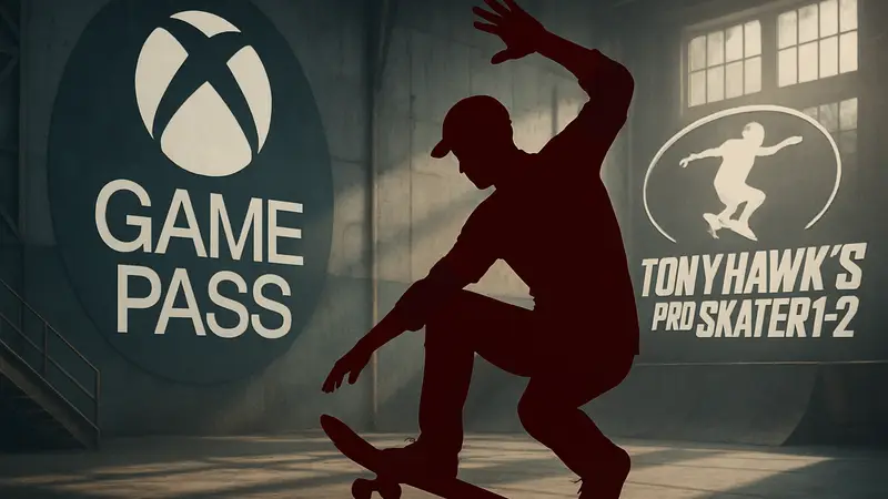 Скейтбордист на фоне логотипа Xbox Game Pass и Tony Hawk's Pro Skater 1+2