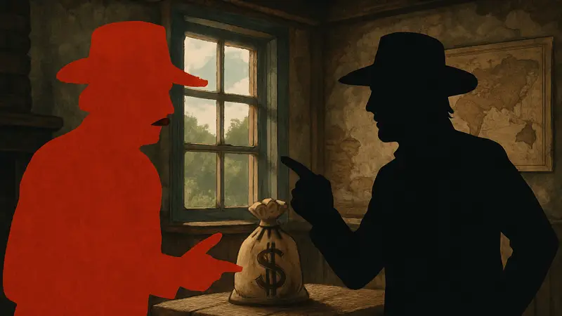 Арт с Датчем и Микой из Red Dead Redemption 2, обсуждающими теорию заговора с деньгами.