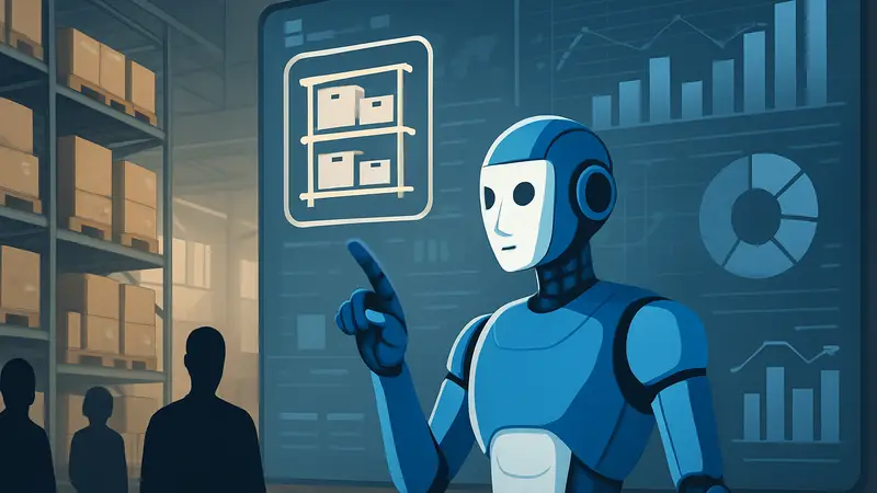Иллюстрация: робот или ИИ-интерфейс управляет складскими запасами на фоне бизнес-диаграмм