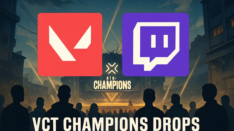 Логотип Valorant и Twitch рядом, с надписью «VCT Champions Drops».