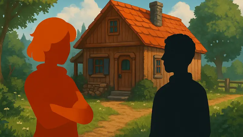 Персонажи Робин и Деметриус из игры Stardew Valley на фоне их дома