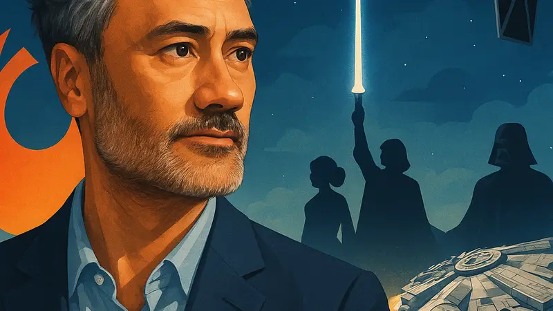 Портрет Тайки Вайтити на фоне символики Star Wars, олицетворяющий новые горизонты франшизы