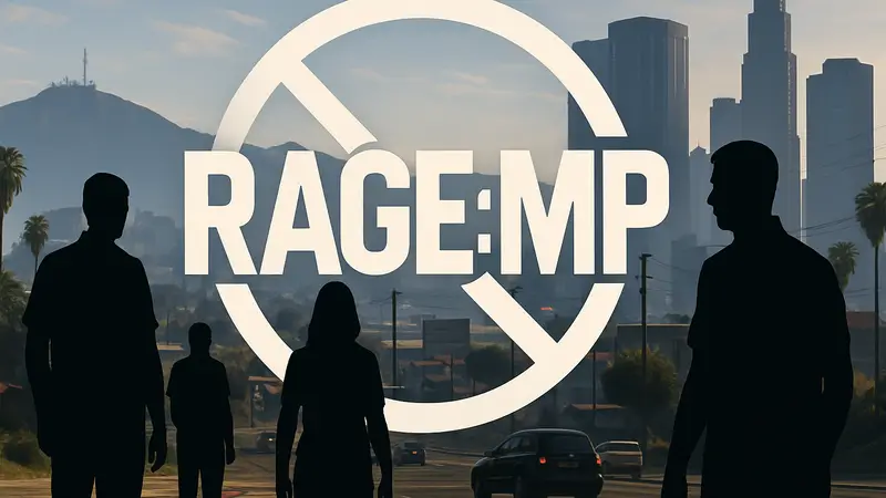 Логотип Rage:MP на фоне скриншота из Grand Theft Auto V, символизирующий закрытие моддинговой платформы.