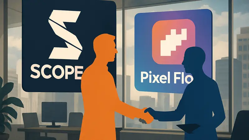 Логотипы Scopely и Pixel Flow, символизирующие инвестиции в мобильные игры.