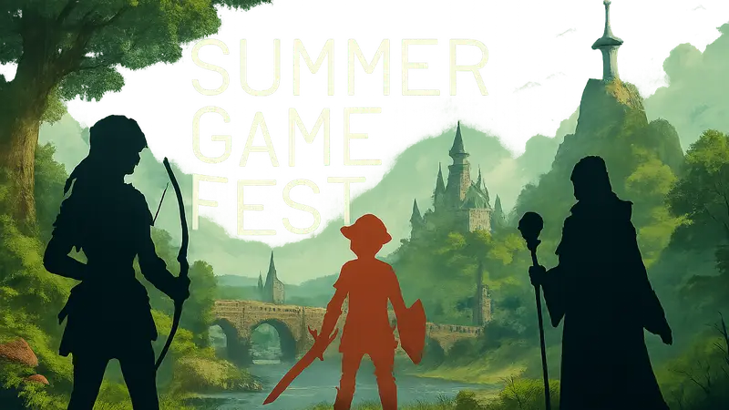 Логотип Summer Game Fest на игровом фоне с элементами игр.