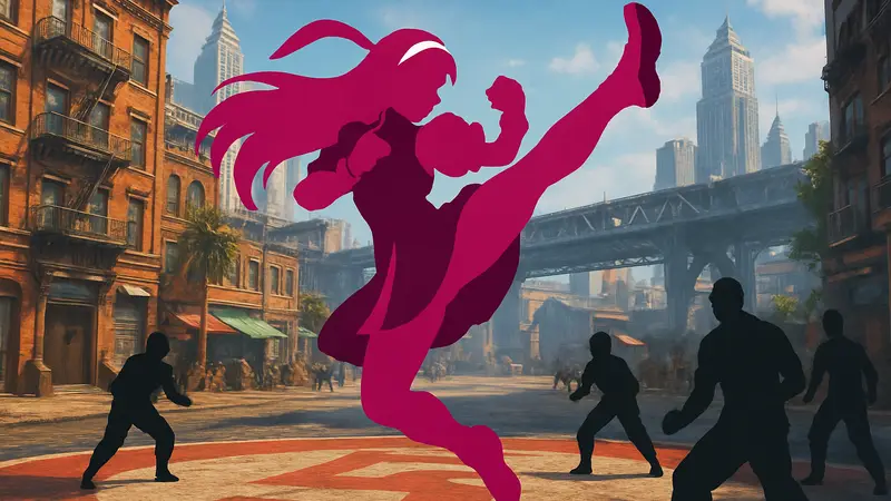 Ингрид, новый персонаж Street Fighter 6, демонстрирует боевые приёмы в режиме World Tour на фоне городской арены.
