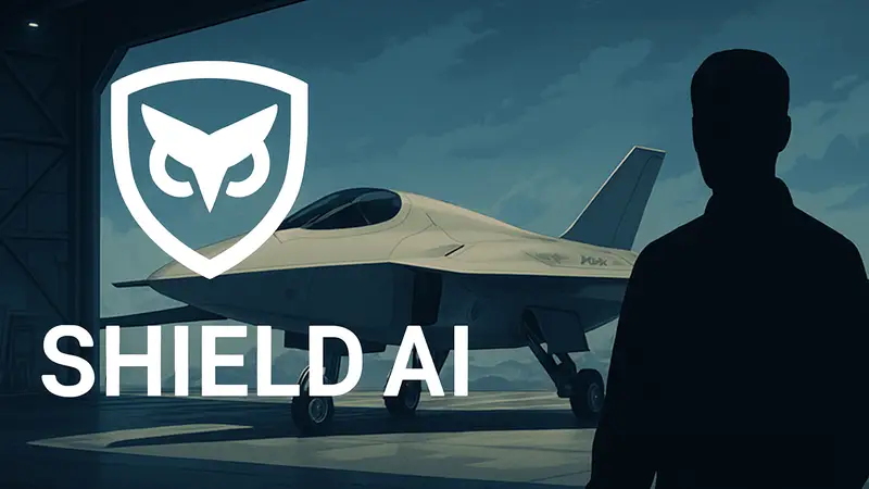 Логотип Shield AI на фоне футуристического истребителя Fury