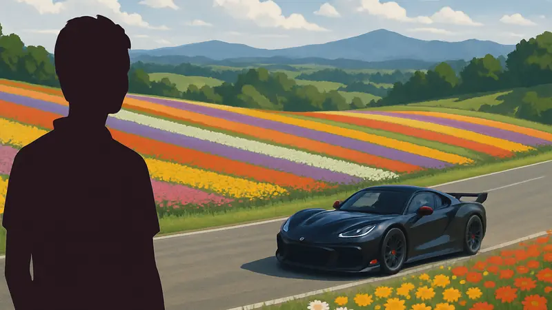Скриншот Forza Horizon 6 с яркими цветочными полями Шикисай-но-Ока и гоночным автомобилем на дороге.
