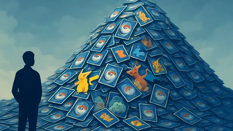 Гора коллекционных карт Pokémon, символизирующая огромный тираж и высокий спрос.