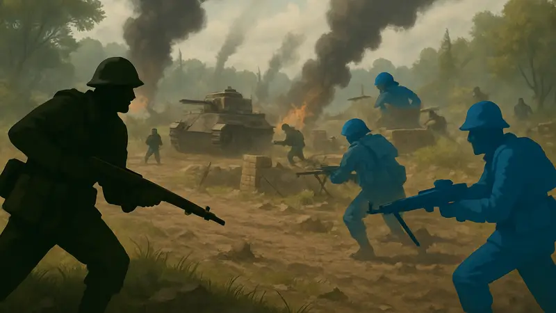 Солдаты фракций Колониалов и Варденов из игры Foxhole сражаются на поле боя