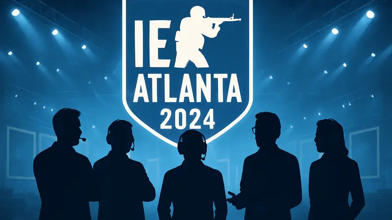 Группа комментаторов и аналитиков на фоне логотипа киберспортивного турнира IEM Atlanta 2024 по CS2.