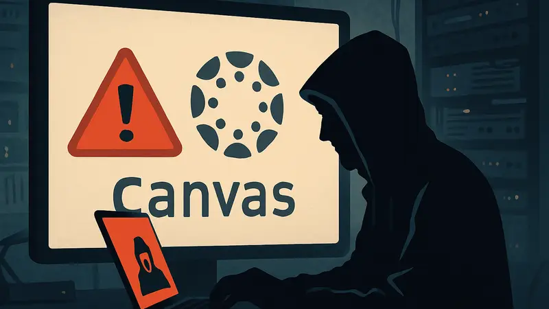 Изображение логотипа Canvas с предупреждающим знаком и символом хакера.