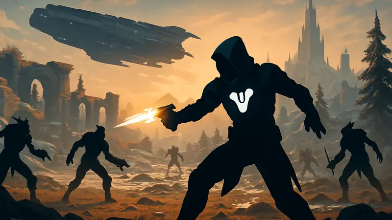 Страж Destiny 2 сражается с врагами, на заднем плане видно космический корабль.