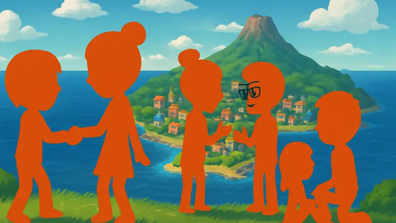 Персонажи Mii из игры Tomodachi Life, взаимодействующие друг с другом на фоне острова.