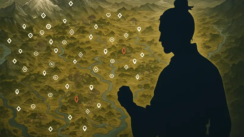 Скриншот интерактивной карты региона Hexi из игры Where Winds Meet, с обозначениями точек интереса