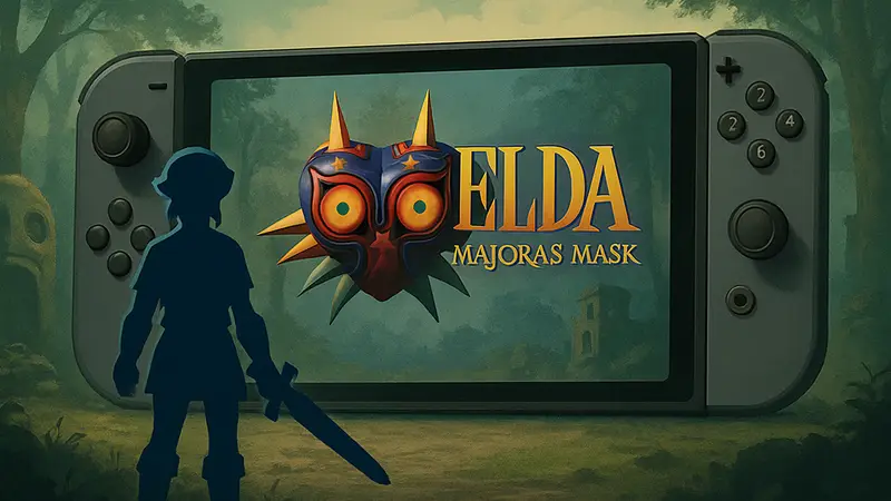 Логотип Zelda Majora's Mask на фоне Nintendo Switch 2, иллюстрация ремейка