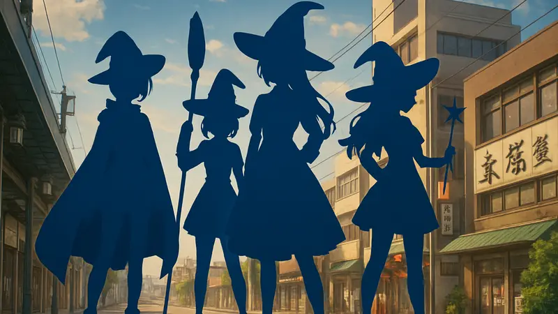 Постер аниме Maebashi Witches с героинями в новых костюмах, анонсирующий полнометражный фильм.