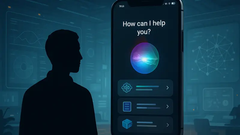 Футуристичный интерфейс Siri на экране iPhone, демонстрирующий новые ИИ-возможности iOS 27 от Apple