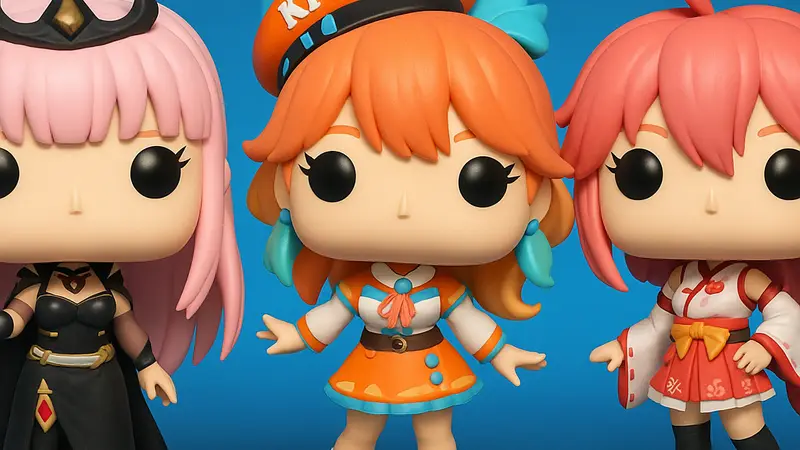 Изображение трёх фигурок Funko Pop с узнаваемыми чертами Hololive Vtubers: Calliope Mori, Kiara Takanashi и Sakura Miko.