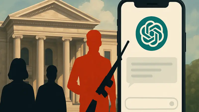 Скриншот диалога с ChatGPT или логотип OpenAI на фоне здания суда