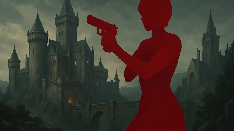 Ада Вонг из Resident Evil 4 в боевой позе с пистолетом на фоне замка.