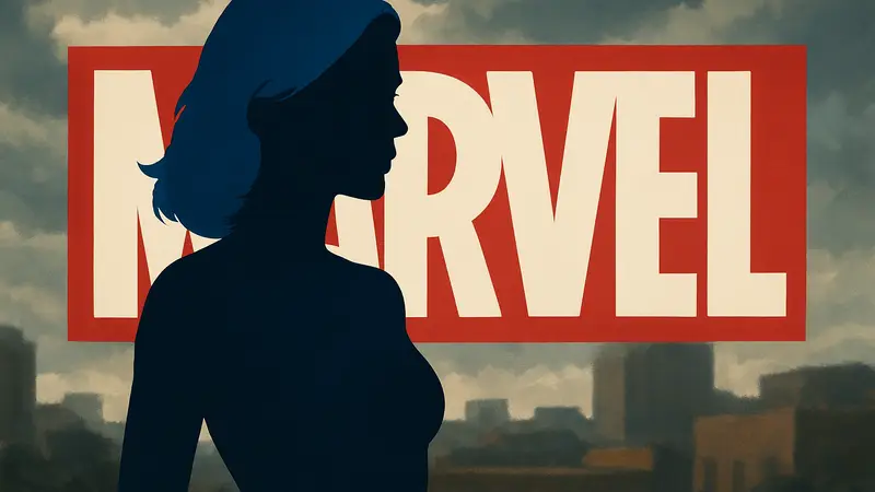 Марго Робби в образе Мистик из Marvel, фан-арт или портрет на фоне логотипа Marvel.