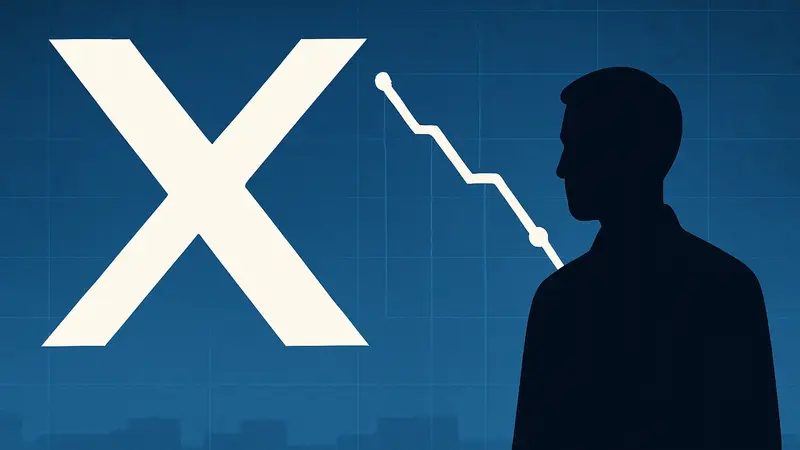 Логотип социальной сети X на синем фоне с графиком, демонстрирующим снижение выплат.