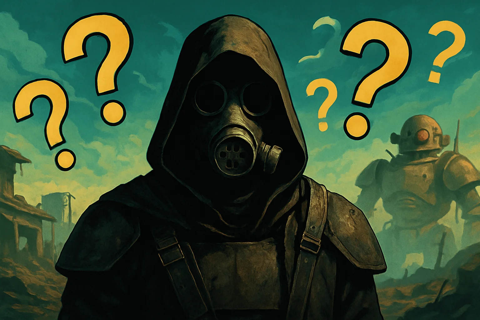 Изображение таинственного персонажа из второго сезона сериала Fallout, окруженного вопросительными знаками.