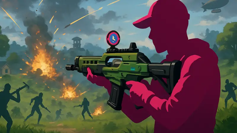Игрок Fortnite держит штурмовую винтовку Lock-On, на фоне бушует битва.