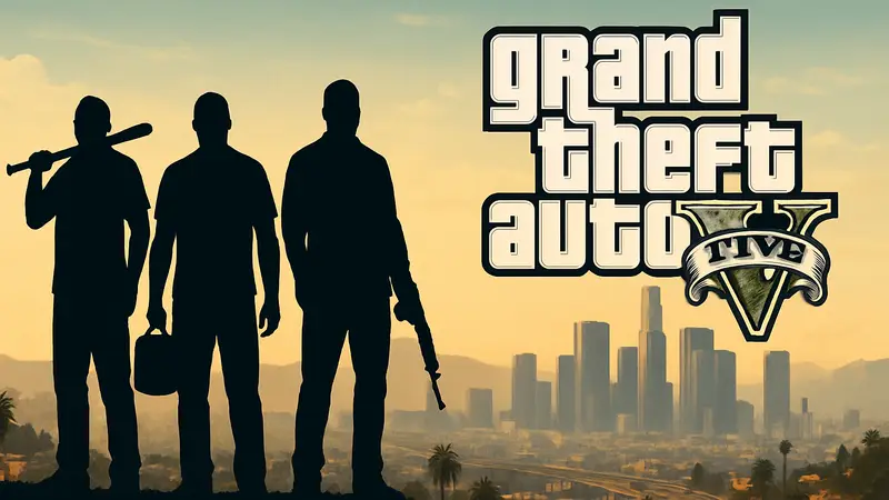 Обложка Grand Theft Auto V с главными героями на фоне Лос-Сантоса.