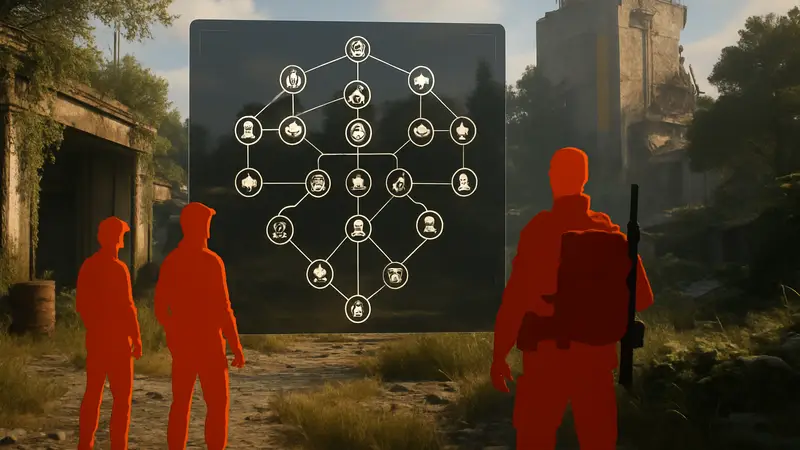 Игровой скриншот из Arc Raiders, демонстрирующий интерфейс дерева навыков и персонажей.