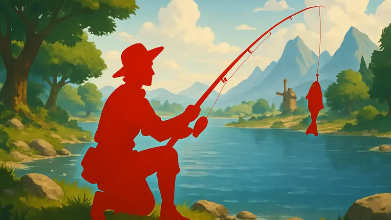 Персонаж игры Windrose ловит рыбу удочкой у водоёма
