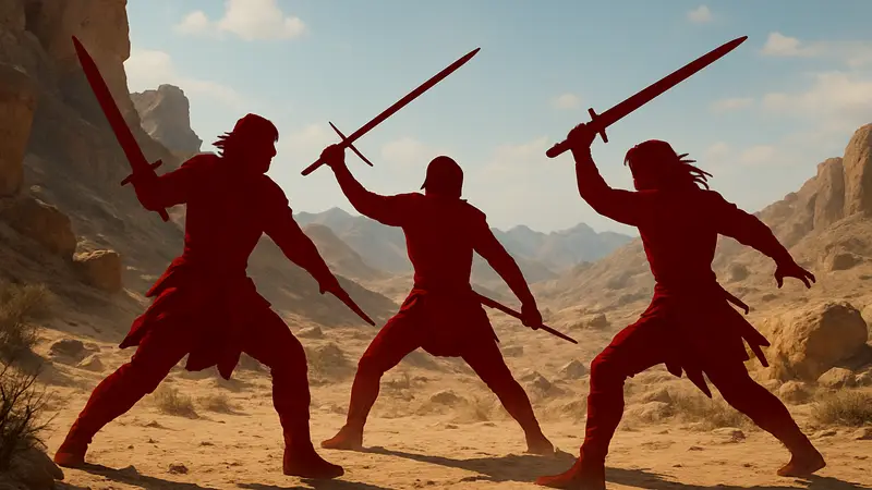 Трио персонажей из игры Crimson Desert, показанных в боевой сцене на фоне пустынного пейзажа.