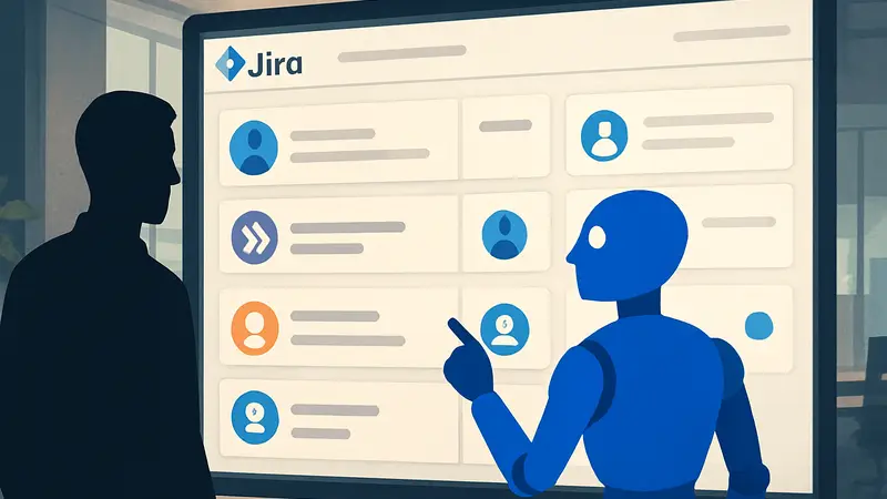 Интерфейс Jira с обозначениями для задач, выполняемых ИИ-агентом и человеком, символизирующими совместную работу и новые возможности.