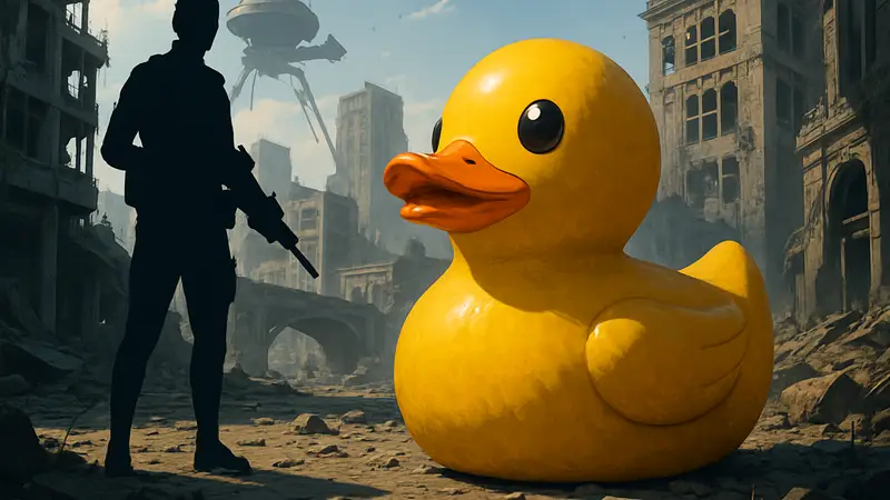 Резиновая уточка в игровом мире ARC Raiders на фоне городских руин