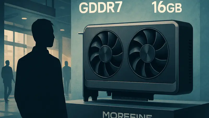 Внешний вид новой видеокарты MOREFINE G2, с указанием характеристик GDDR7 и 16 ГБ памяти.